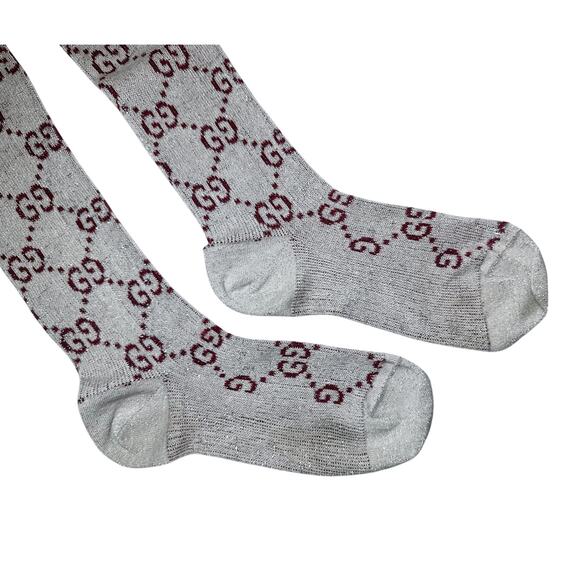 Gucci NEW Interlocking GG Logo Glitter Lurex Metallic Knit Beige Knee Socks Med - Picture 3 of 4
